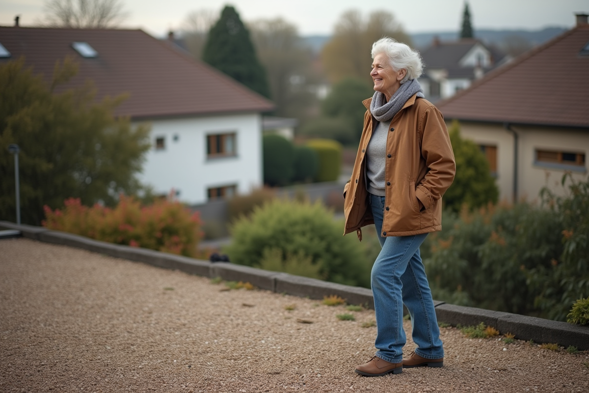 Femme âgée regardant le toit en gravier de sa maison