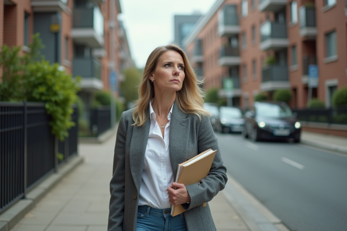 Femme réfléchie marchant dans une rue résidentielle moderne