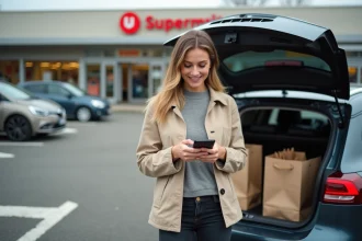 Femme récupérant ses courses au Drive Leclerc Senlis en scannant un QR code avec son smartphone
