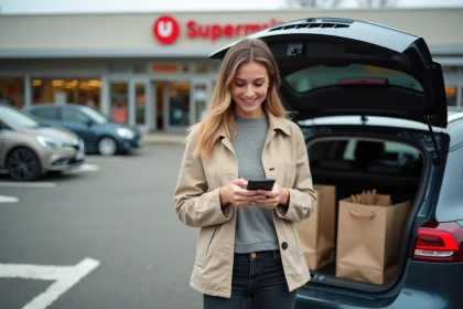 Femme récupérant ses courses au Drive Leclerc Senlis en scannant un QR code avec son smartphone