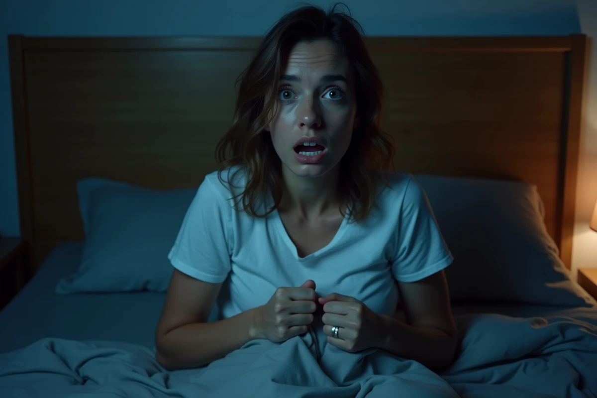 Femme réveillée en sursaut dans son lit après un mauvais rêve, expression de peur et de confusion