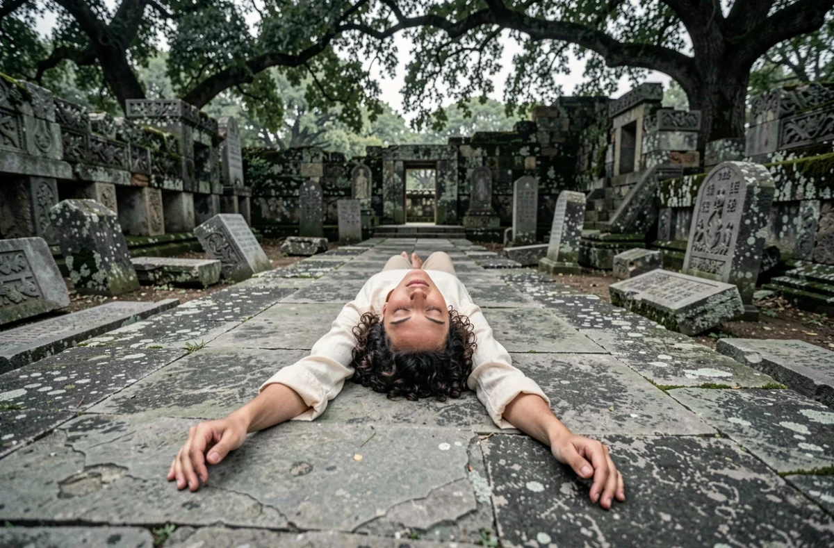 Jeune femme allongée les yeux fermés sur une pierre ancienne dans des ruines cérémonielles, évoquant les traditions spirituelles et le flash lumineux intérieur