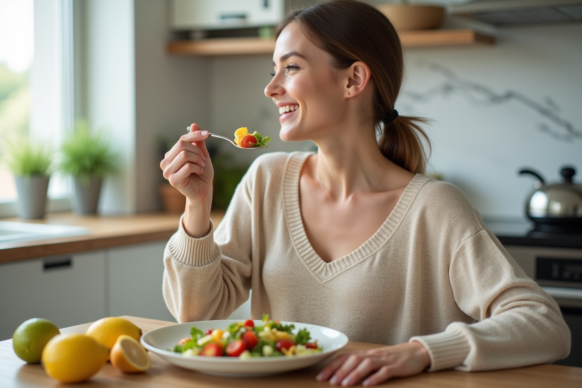 Femme souriante dégustant une salade dans une cuisine moderne