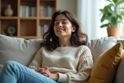 Jeune femme d&eacute;tendue dans un salon cosy