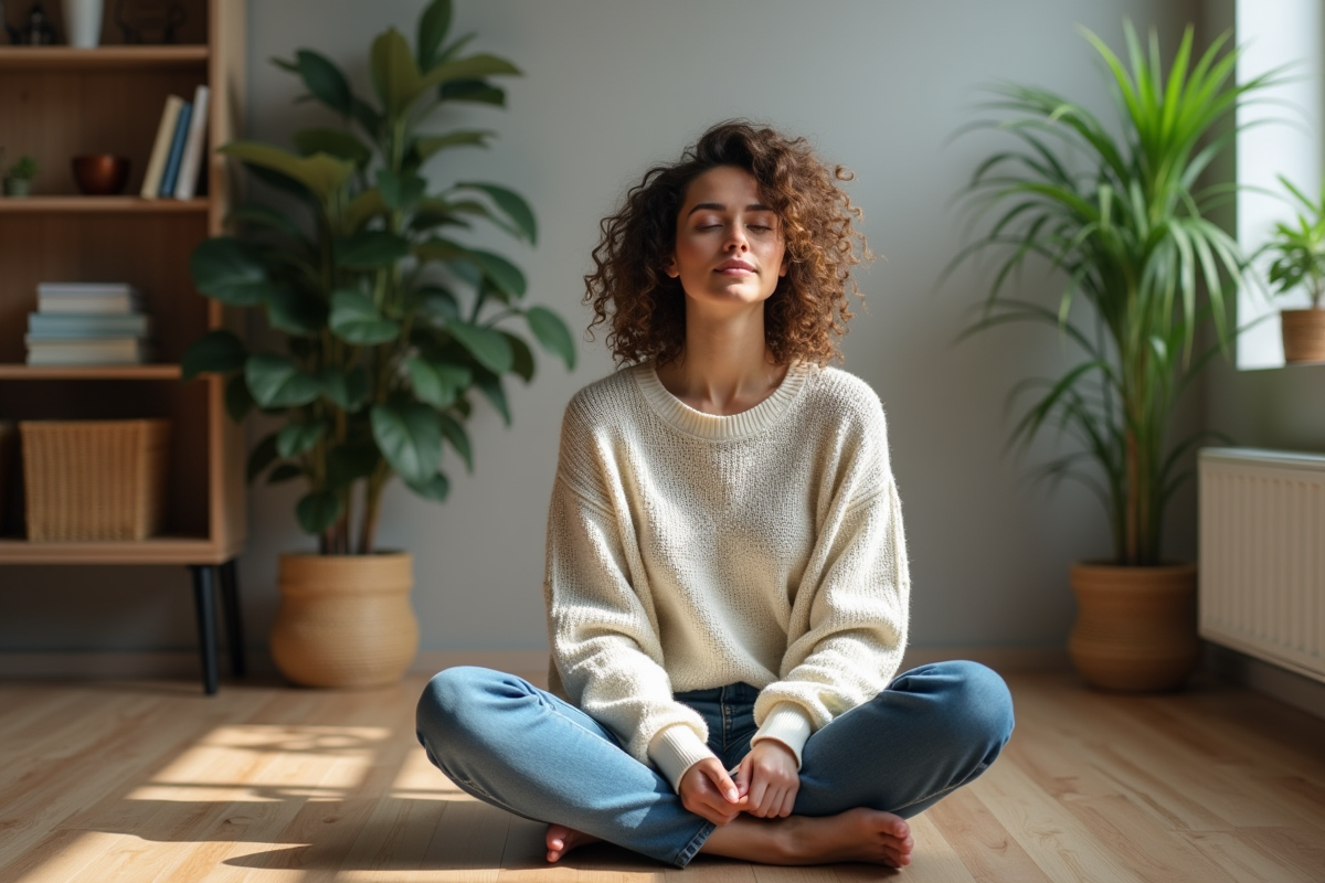 Femme détendue assise dans un salon moderne et minimaliste