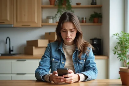Jeune femme en cuisine v&eacute;rifiant son smartphone