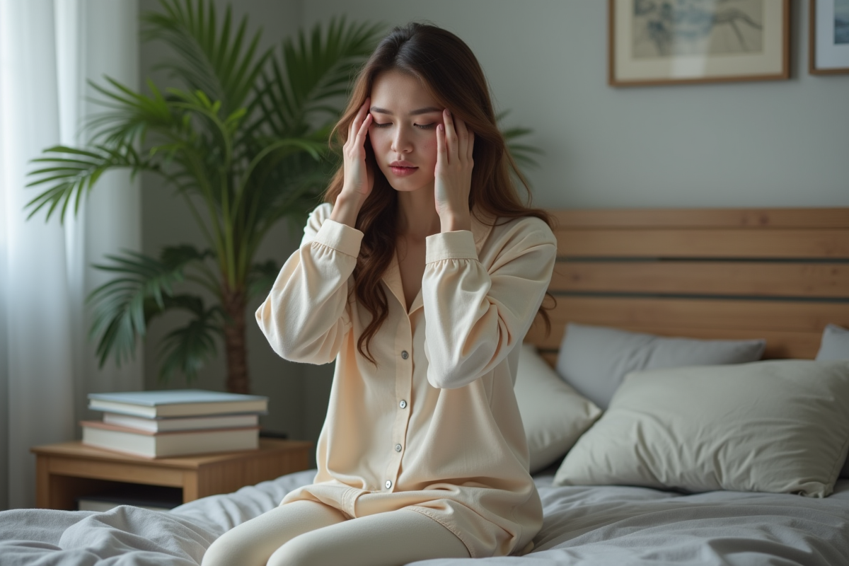 Jeune femme en pyjama penseuse sur le lit désordonne