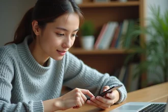 Jeune femme consultant un sondage WhatsApp sur son smartphone dans un bureau moderne à domicile