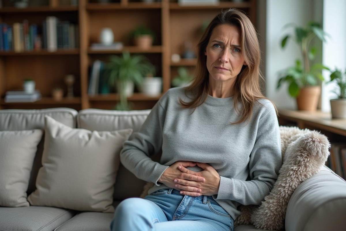 Femme assise sur un canapé avec douleur abdominale
