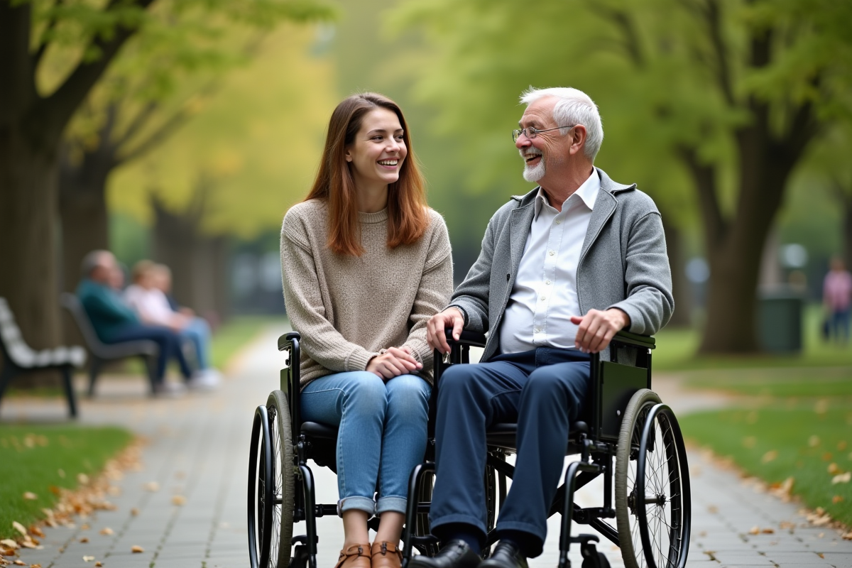 Jeune femme en fauteuil avec homme âgé dans un parc en plein air