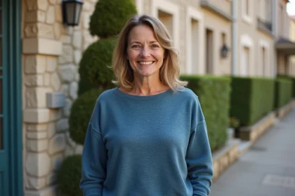 Femme fran&ccedil;aise souriante accueillant un homme &agrave; sa porte