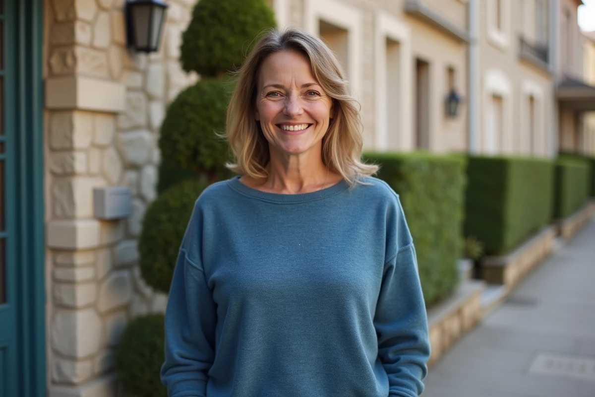 Femme française souriante accueillant un homme à sa porte