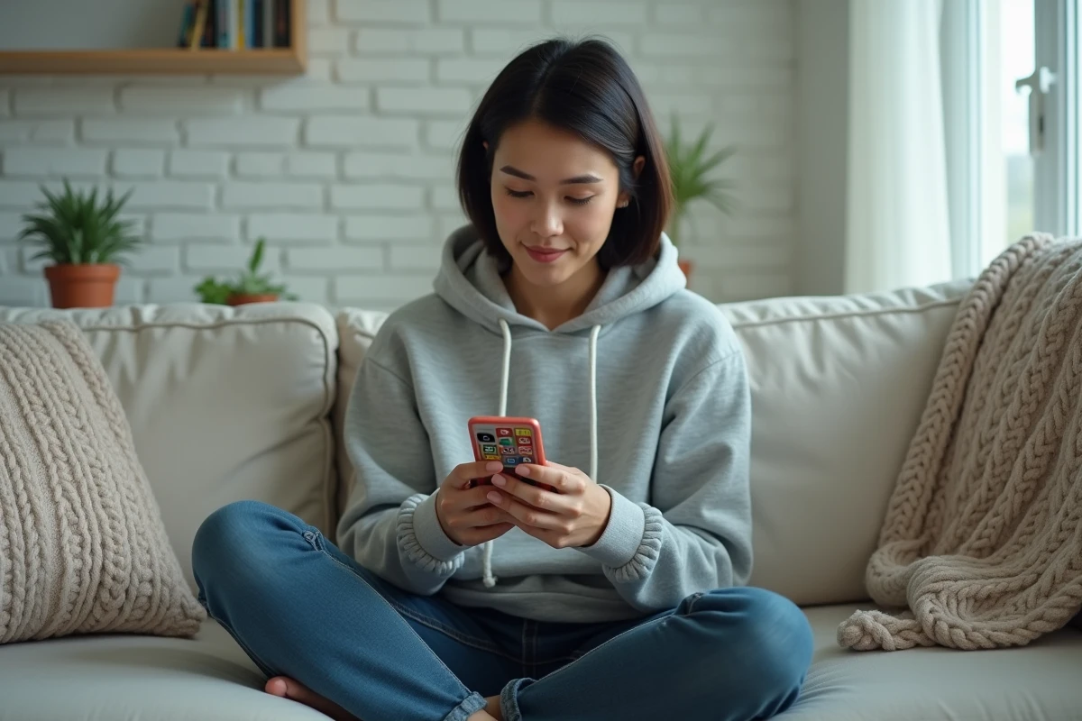 Femme réfléchissant à sa stratégie pour trouver le mot du jour sur l'application Sutom via smartphone