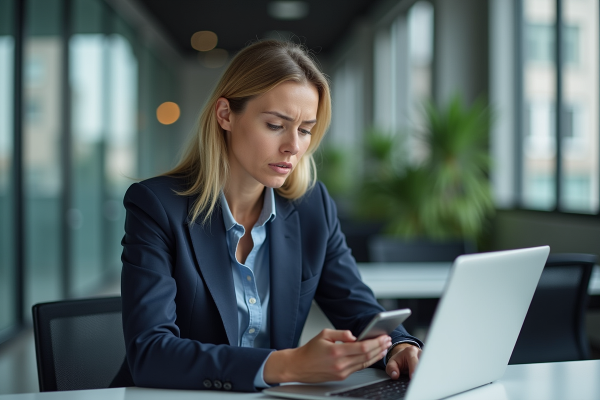 Femme en tailleur navy au bureau lisant un message