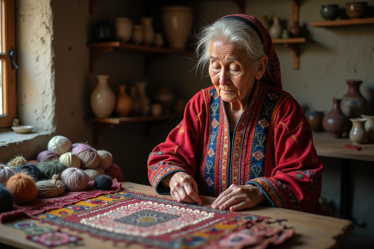 Femme âgée en costume traditionnel tissant un textile coloré