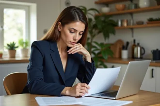 Femme en costume lisant une lettre dans une cuisine lumineuse