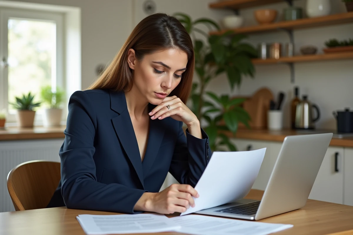 Femme en costume lisant une lettre dans une cuisine lumineuse