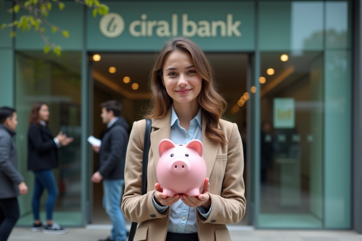Jeune femme avec tirelire devant banque urbaine