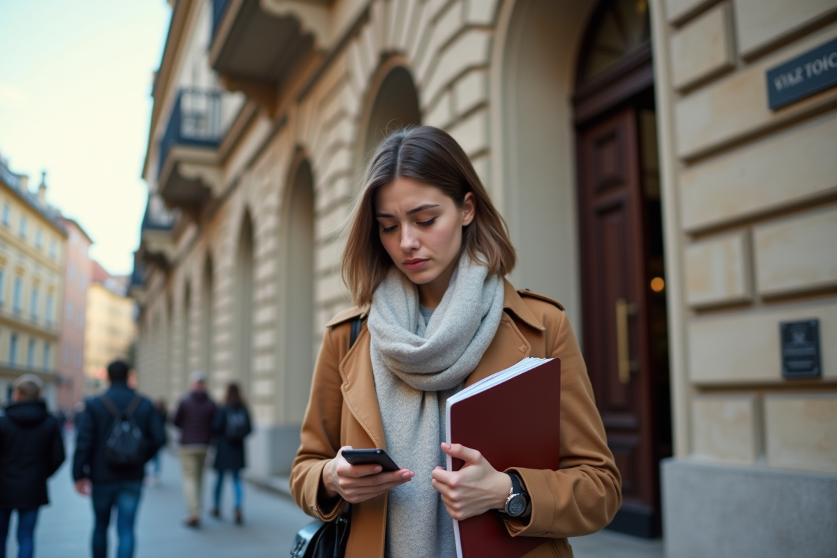 Jeune femme vérifiant ses documents fiscaux devant un bâtiment historique