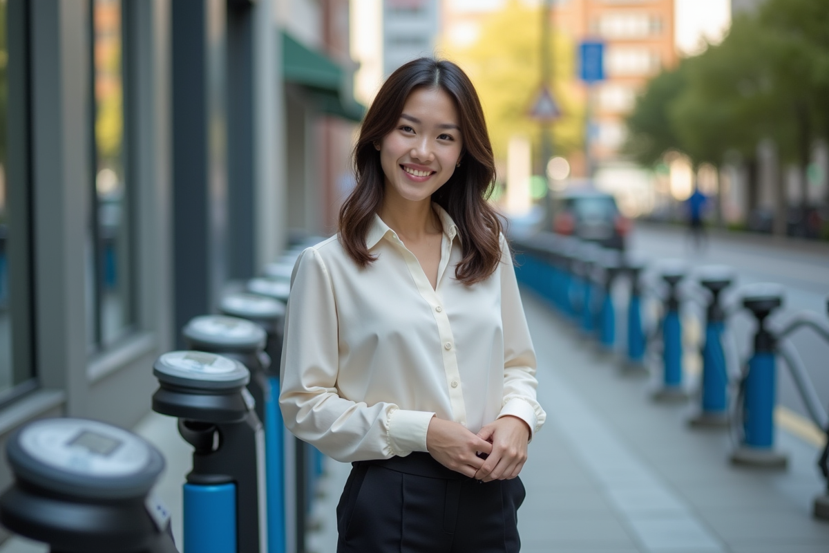 Jeune femme souriante déverrouillant un vélo en ville