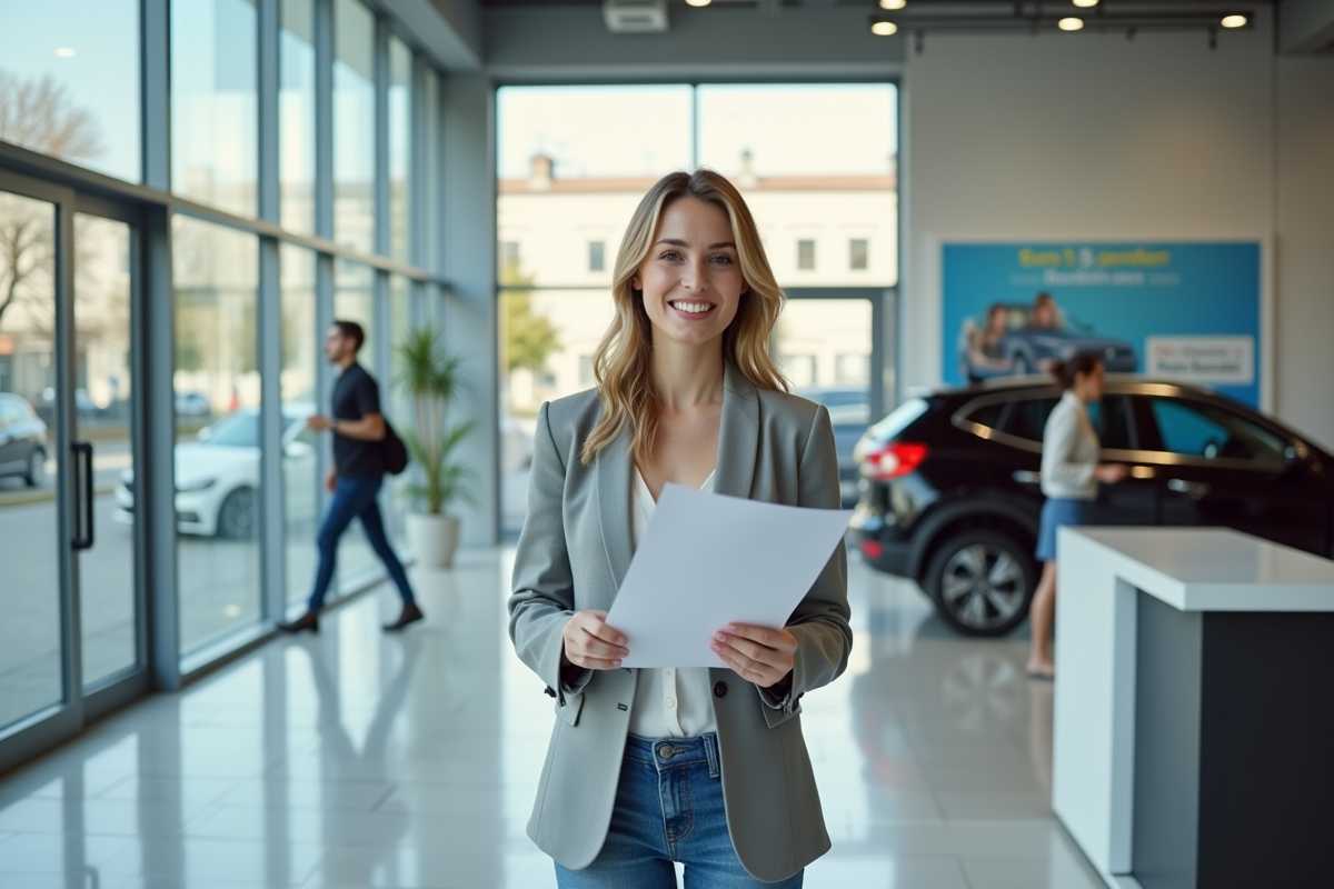 Jeune femme souriante avec documents dans un showroom moderne