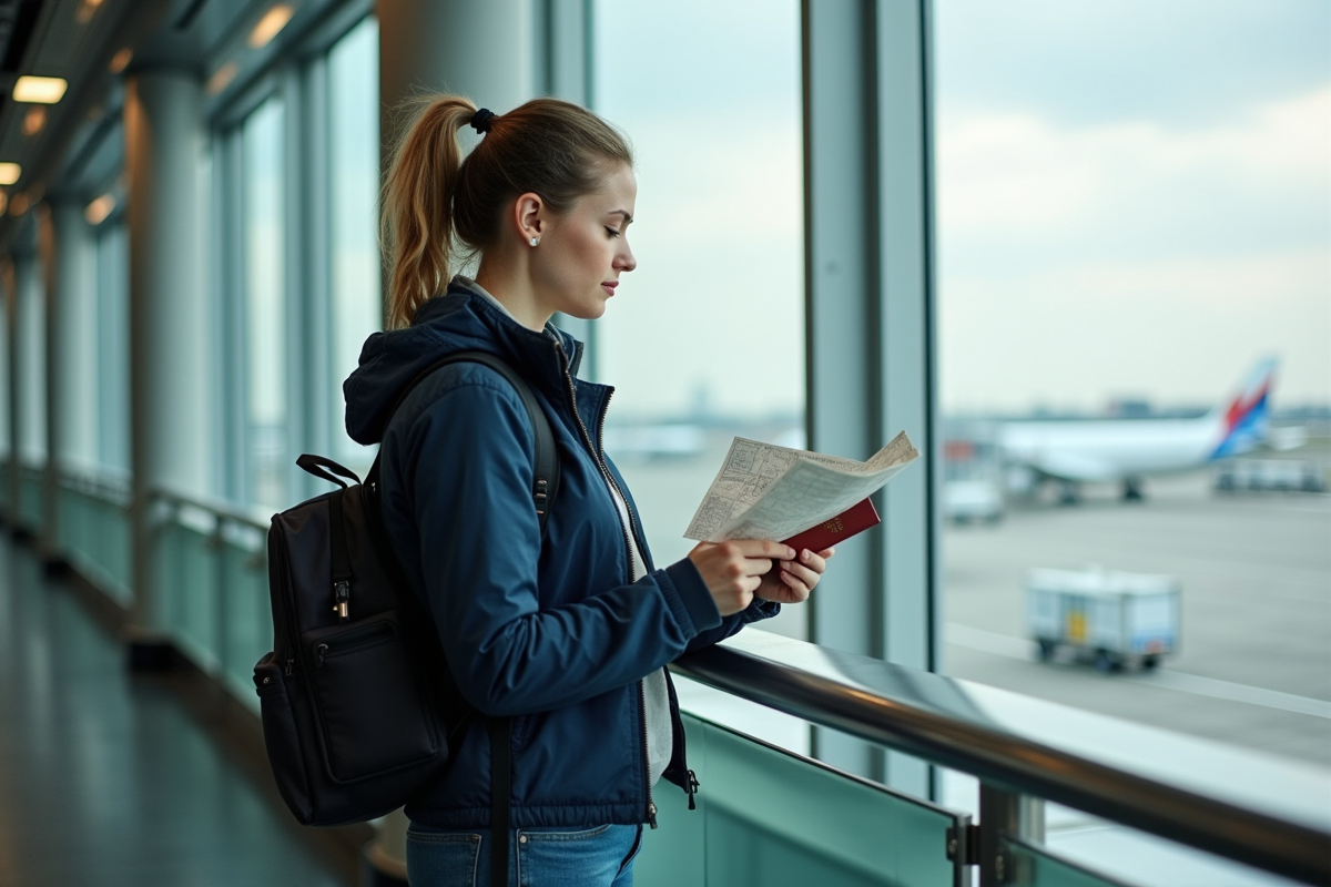 Jeune femme à l'aéroport examine sa carte et passeport