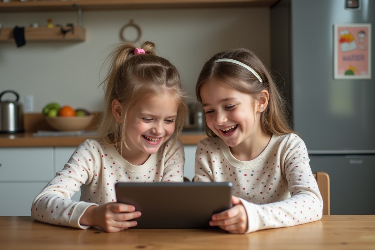 Deux filles rient en utilisant une tablette à la cuisine
