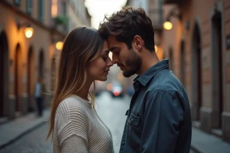 Couple de flammes jumelles se retrouvant face à face dans une rue pavée, connexion spirituelle et amoureuse profonde
