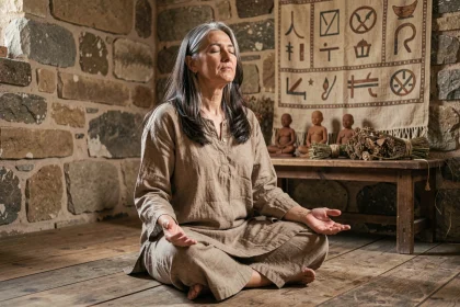 Femme en méditation aux yeux fermés dans une salle spirituelle avec objets rituels anciens, illustrant le phénomène de flash lumineux en spiritualité
