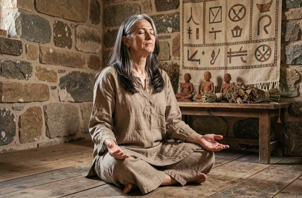 Femme en méditation aux yeux fermés dans une salle spirituelle avec objets rituels anciens, illustrant le phénomène de flash lumineux en spiritualité