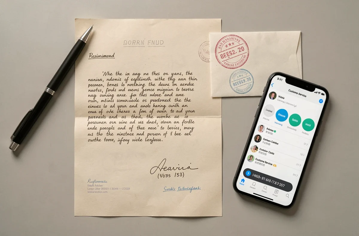 Vue aérienne d'une lettre de résiliation SFR box manuscrite, d'une enveloppe timbrée et d'un smartphone sur un bureau gris