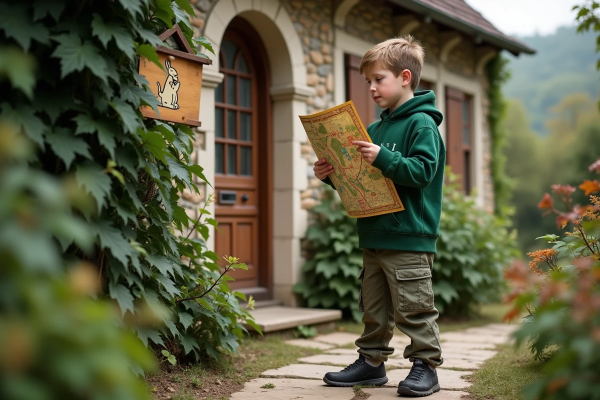 Gar&ccedil;on &eacute;tudiant une carte de jeu devant une maison