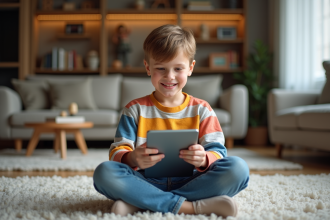 Garçon souriant avec tablette dans un salon chaleureux