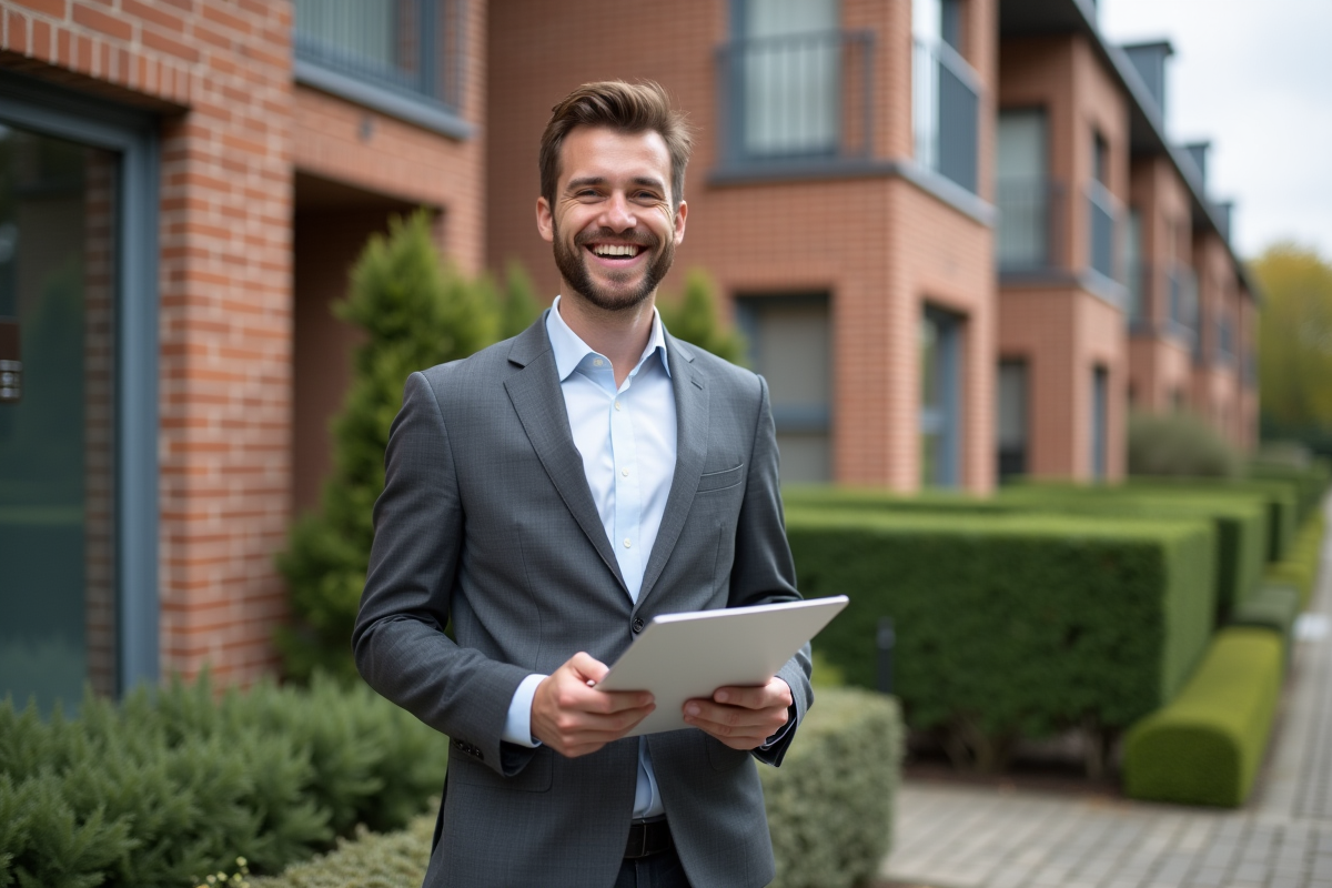 Jeune gestionnaire immobilier devant un immeuble résidentiel