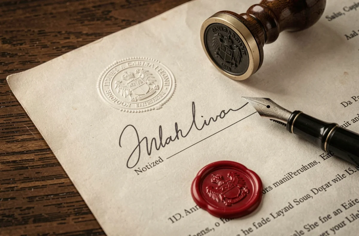 Gros plan sur un document notarié avec cachet en cire rouge, sceau notarial en relief et signature manuscrite à l'encre noire sur papier officiel