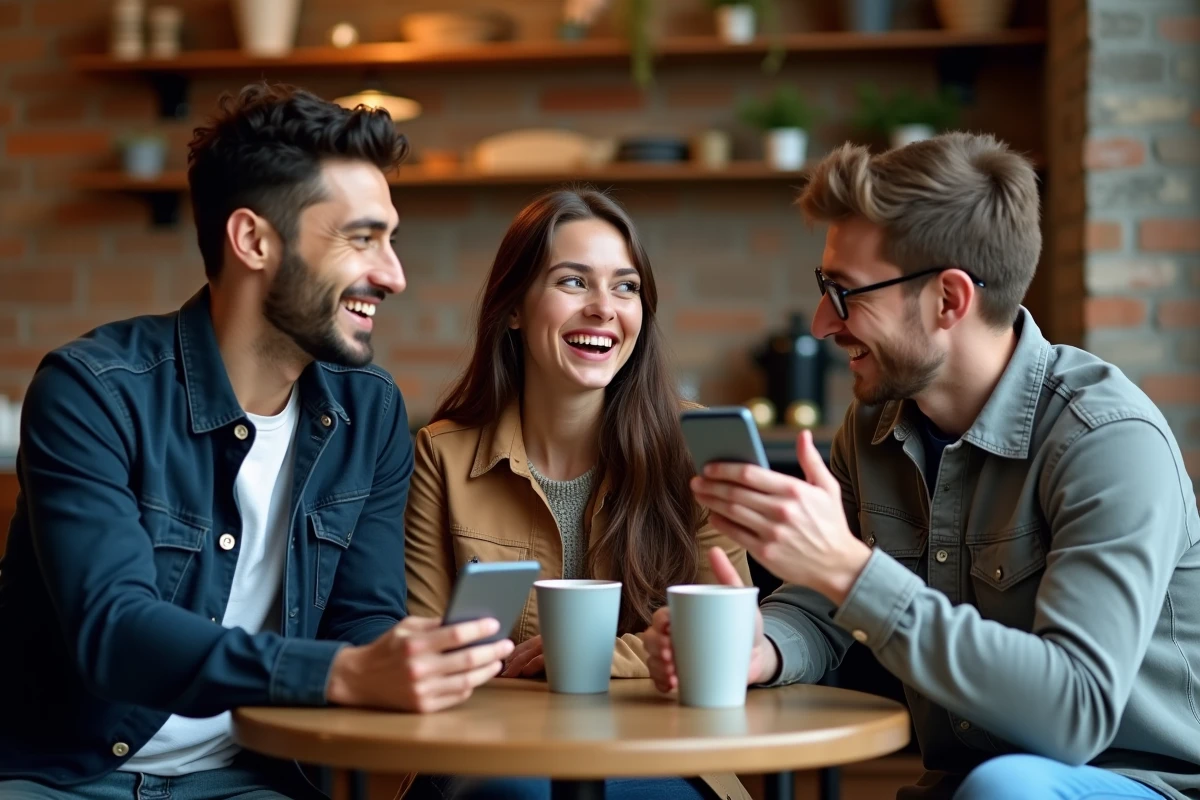 Groupe de trois amis riant ensemble dans un café autour d'un message sur smartphone, évoquant le partage de déclarations d'amitié