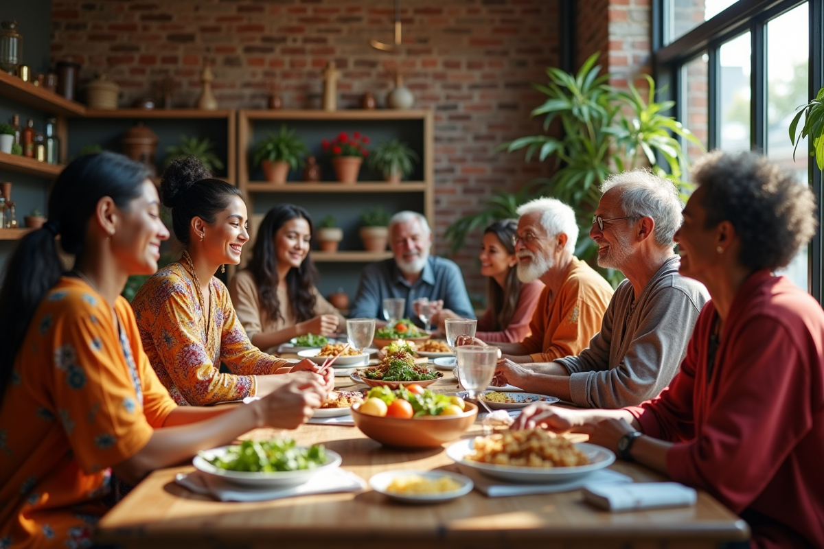 Groupe diversifié partageant un repas autour d'une table