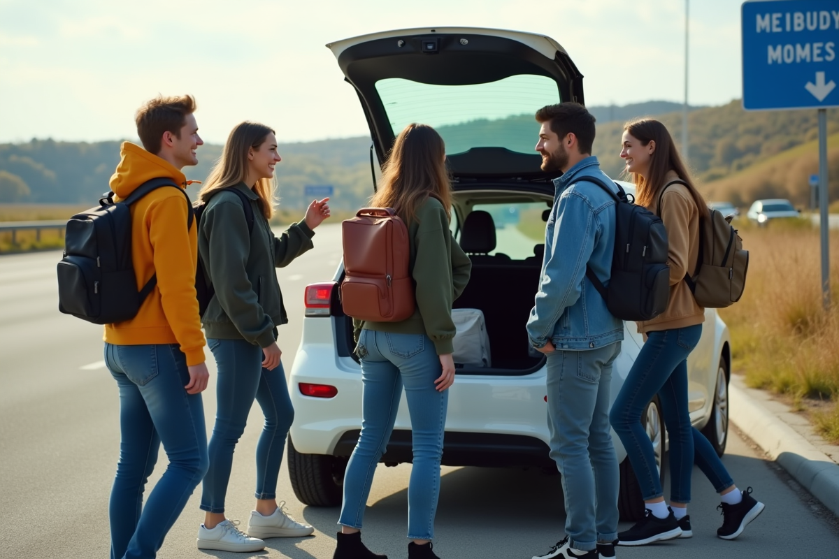 Jeunes adultes autour d'une voiture électrique en pause