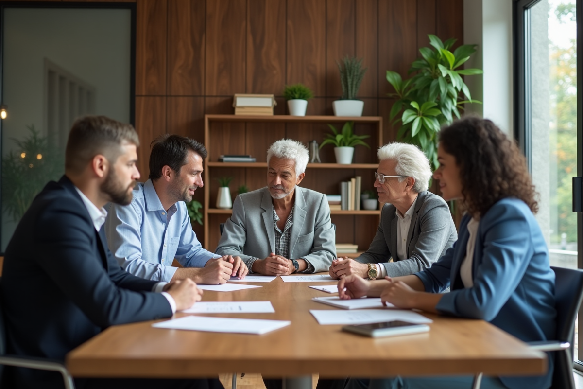 Groupe diversifié en réunion de travail en bureau moderne