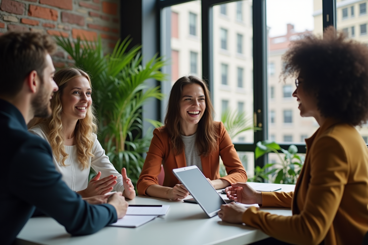 Groupe de quatre personnes en réunion dans un espace coworking