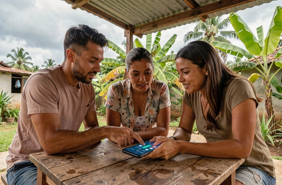 Groupe d'amis en Guyane consultant le décalage horaire avec la France pour regarder un match en direct