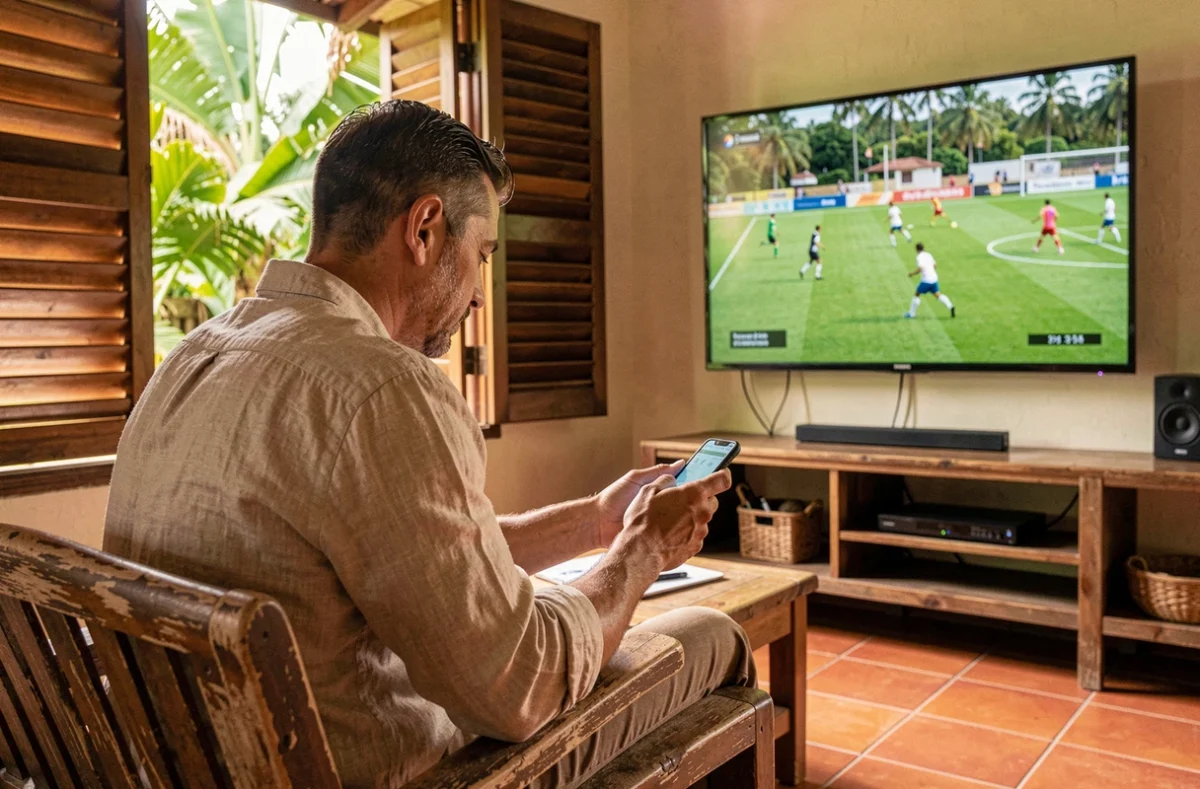 Homme en Guyane vérifiant l'heure sur son téléphone pour regarder un match en direct depuis la France
