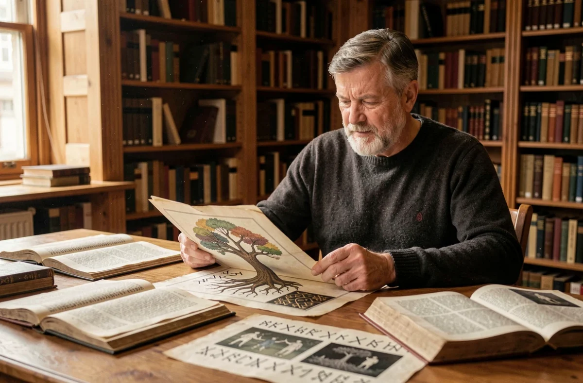 Historien spécialiste de mythologie nordique examinant d'anciens manuscrits runiques représentant l'arbre cosmique Yggdrasil dans une bibliothèque universitaire