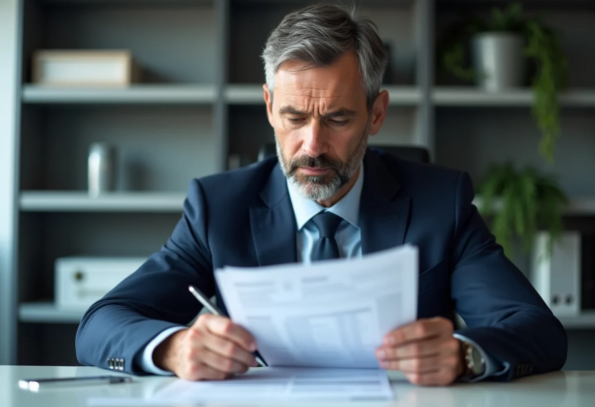 Homme d'affaires en costume bleu examine un rapport de crédit