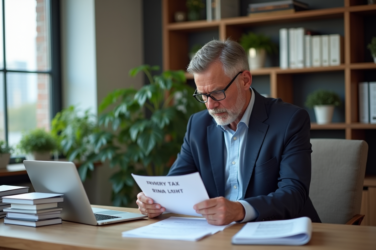 Homme d'affaires en costume regardant des documents immobiliers