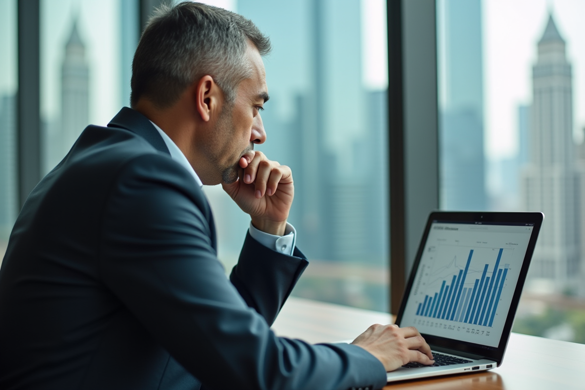 Homme d'affaires en costume regardant des graphiques immobiliers