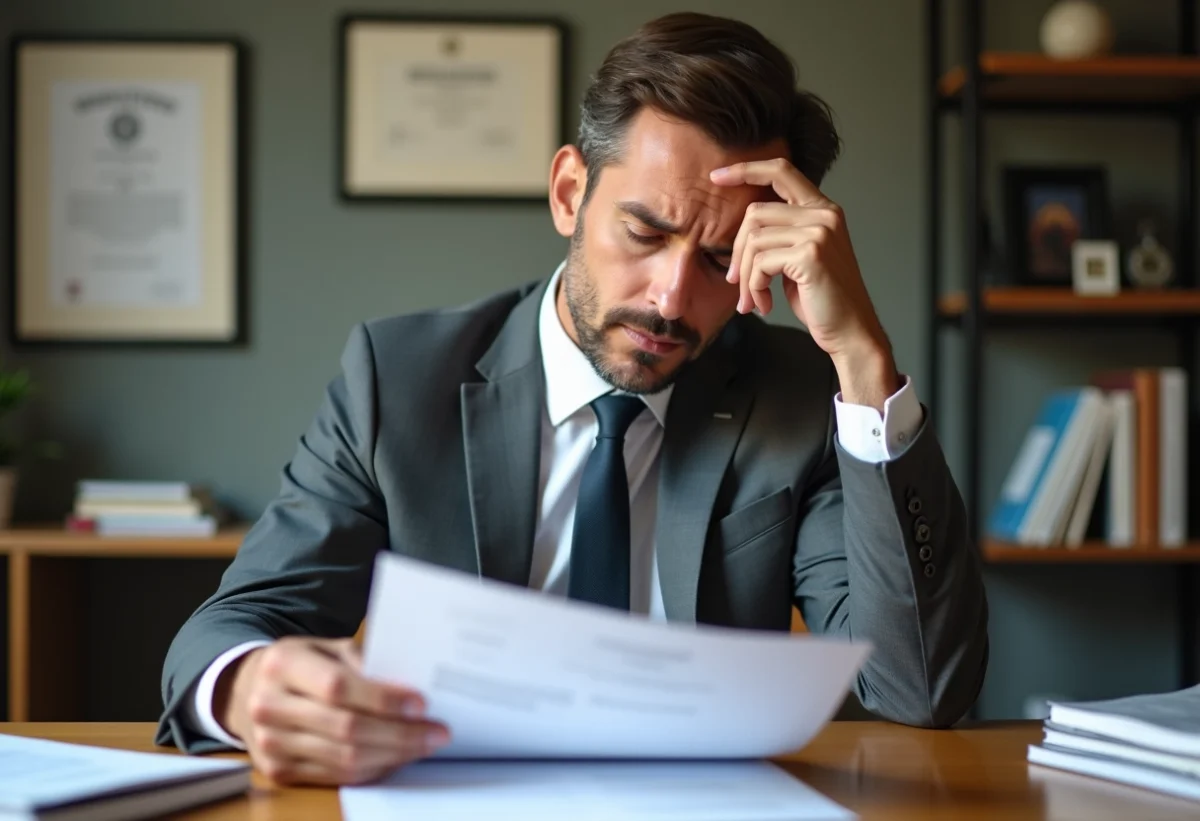 Homme d'affaires en costume gris lit des documents importants