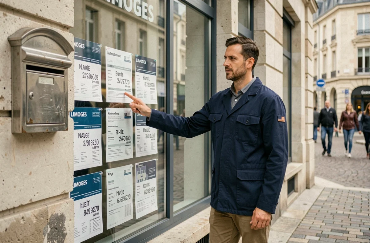 Homme devant une agence immobilière de Limoges consultant les annonces avec codes postaux