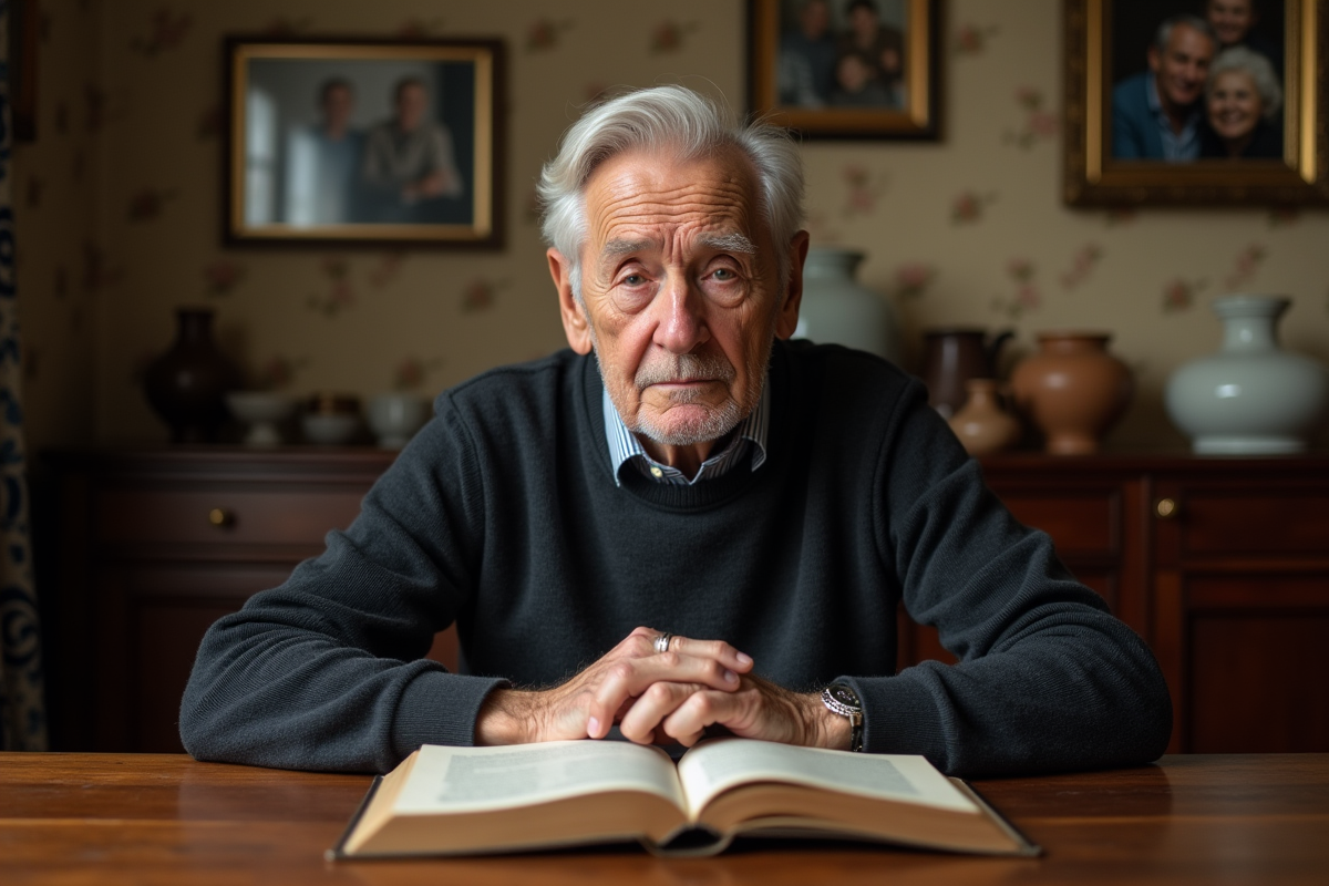 Homme âgé lisant un livre dans un intérieur chaleureux