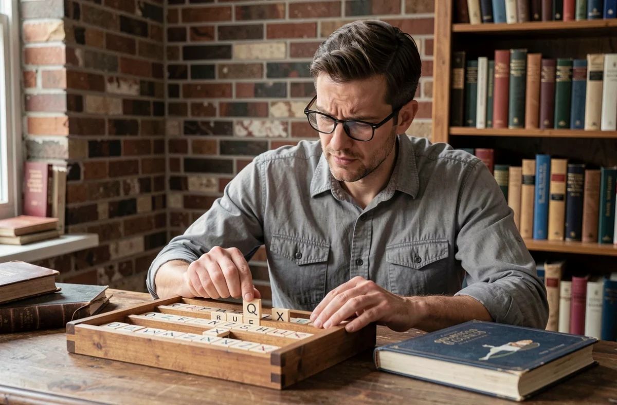 Homme analysant ses tuiles Scrabble à haute valeur dont les lettres Q, Z et X sur un support en bois